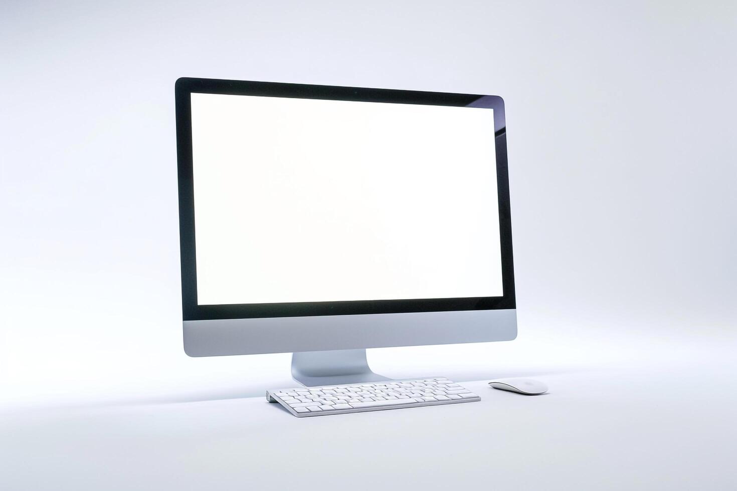 Computer Mockup Background Featuring Wireless Keyboard and White Desk photo