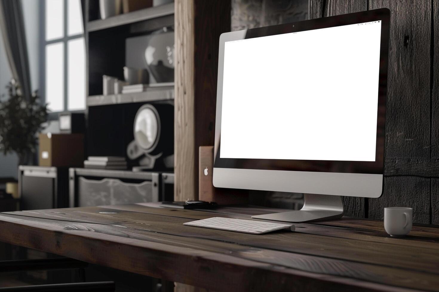Computer Mockup Background Featuring Dynamic Desk Setup with Wireless Keyboard photo