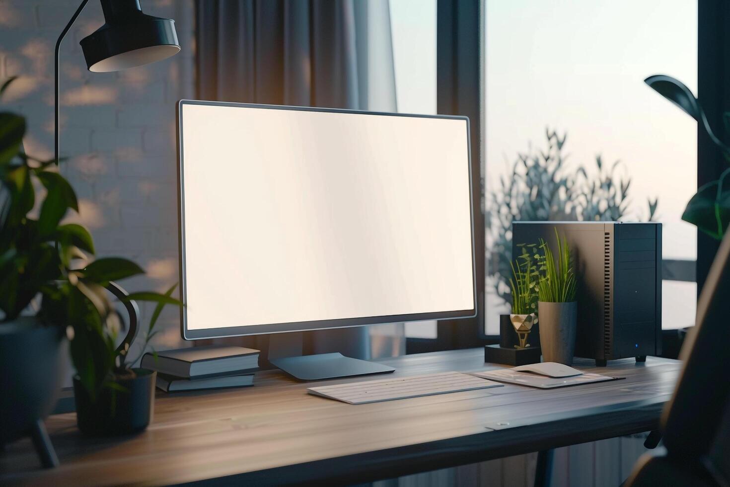 Computer Mockup Background with Wireless Keyboard and Updated Desk Layout photo