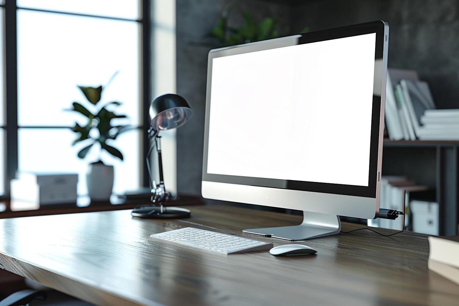 Computer Mockup Background with   Desk and Innovative Design photo