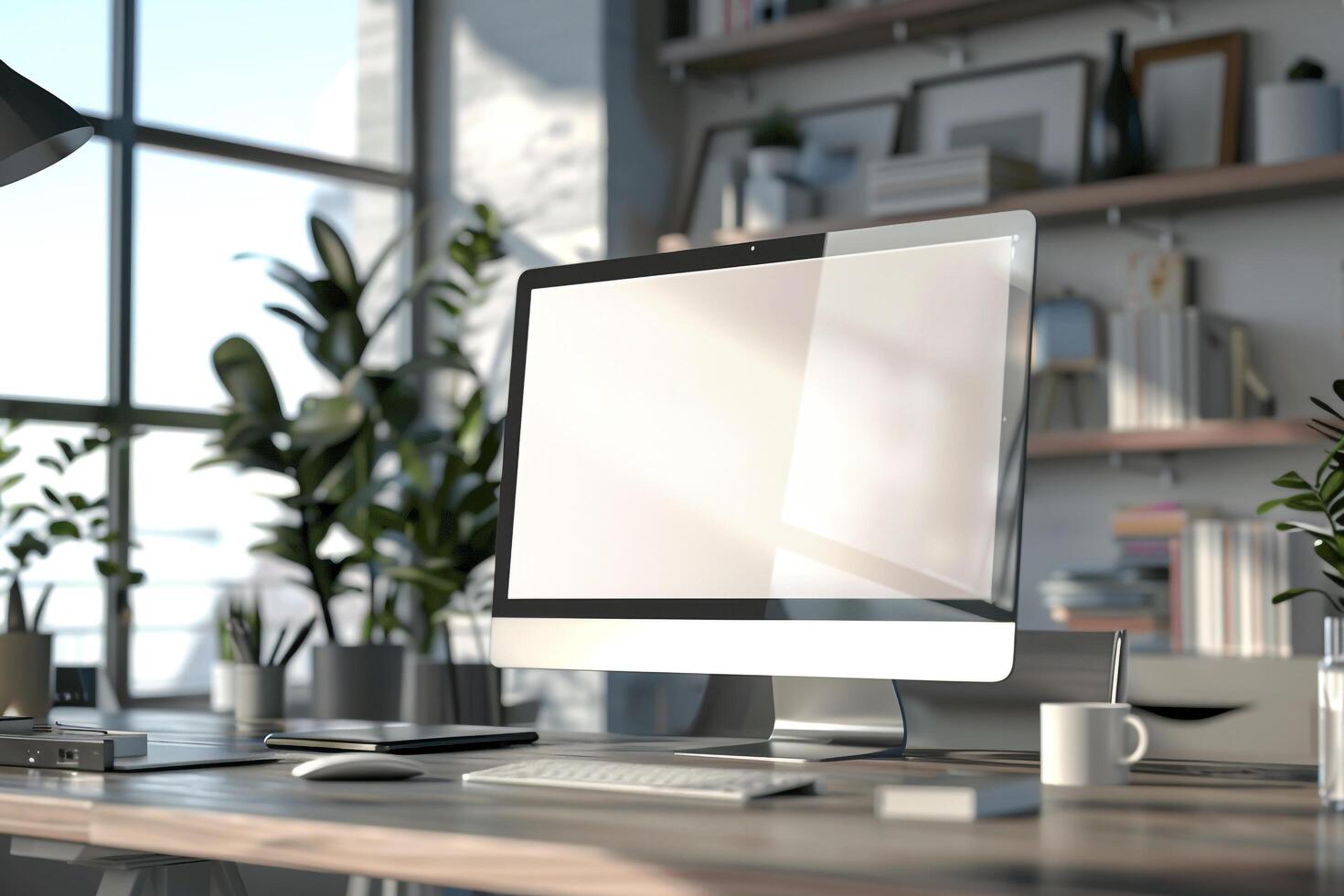 Computer Mockup Background Featuring   Desk and Updated Design photo