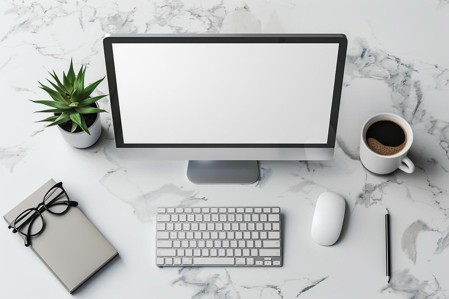 Overhead of Computer Mockup on Desk with Innovative Layout and Design photo