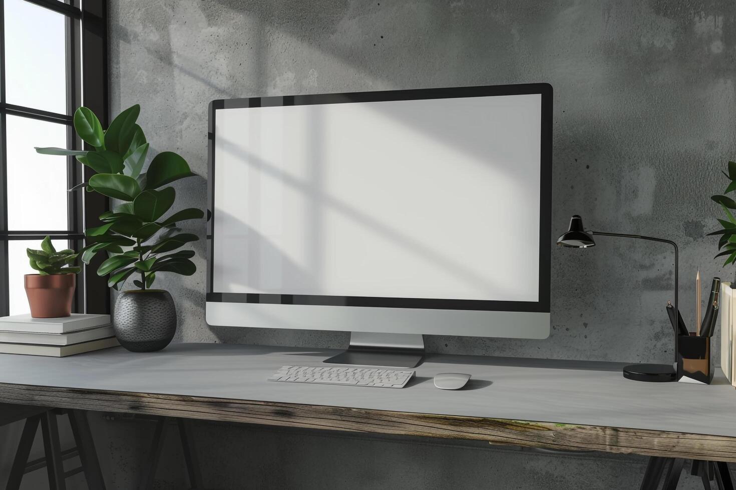 Computer Mockup Background with Innovative Desk Setup and   Design photo