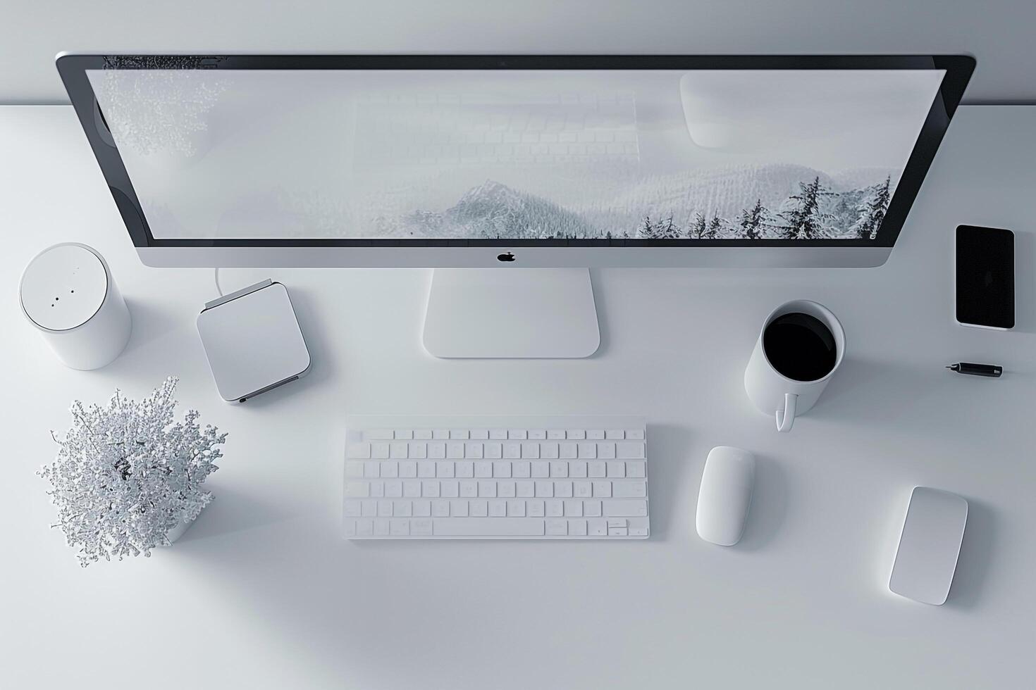 Overhead   of Computer Mockup on Desk with Advanced Setup and   Design photo
