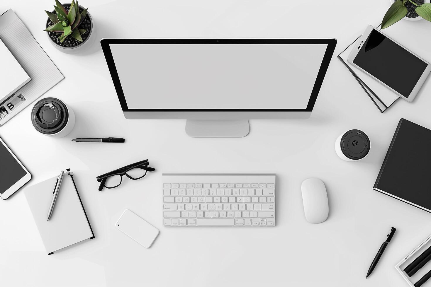 Overhead   of Computer Mockup on Desk with   Advanced Design and Layout photo