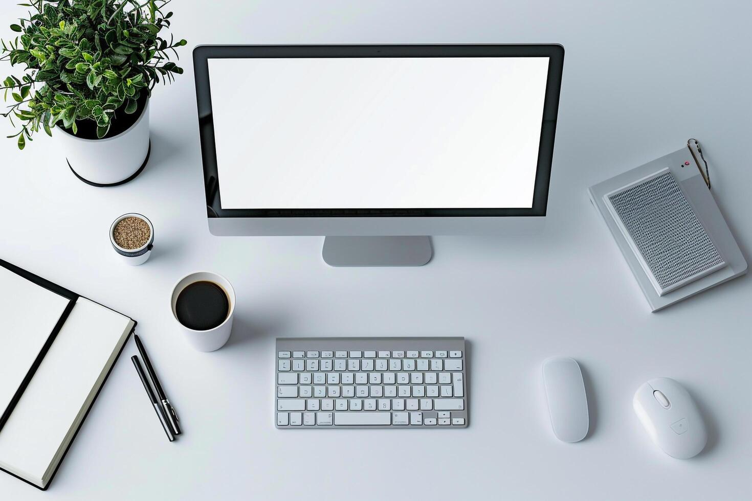 Overhead   of Computer Mockup on Desk with Updated Design and Efficient   Layout photo