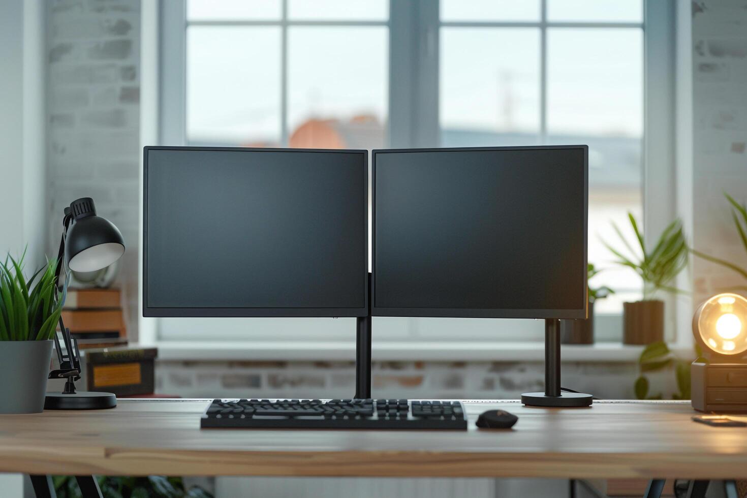 High Tech Desktop Computer Mockup with Dual Monitor Setup in a   Office Space photo