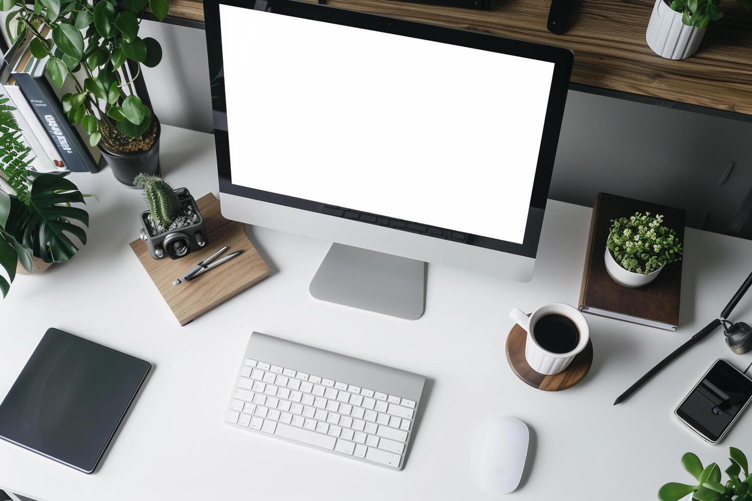 Overhead   of Computer Mockup on Desk with Sleek   Setup and Updated Design photo