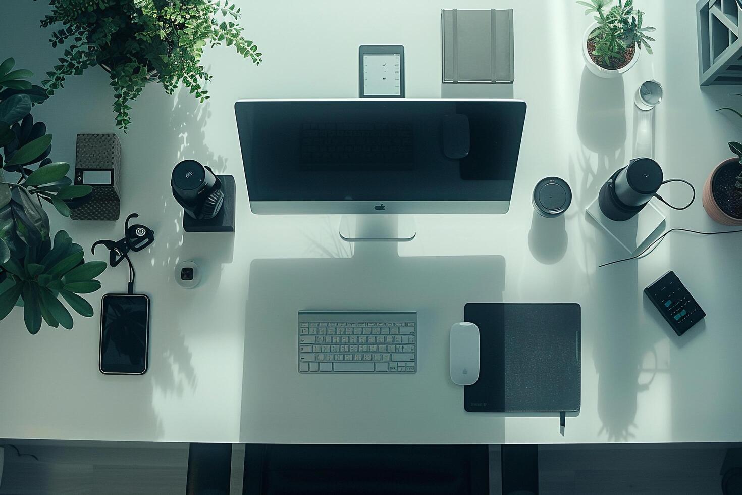 Overhead   of Computer Mockup on Desk with   Efficient Layout and Professional Aesthetic photo