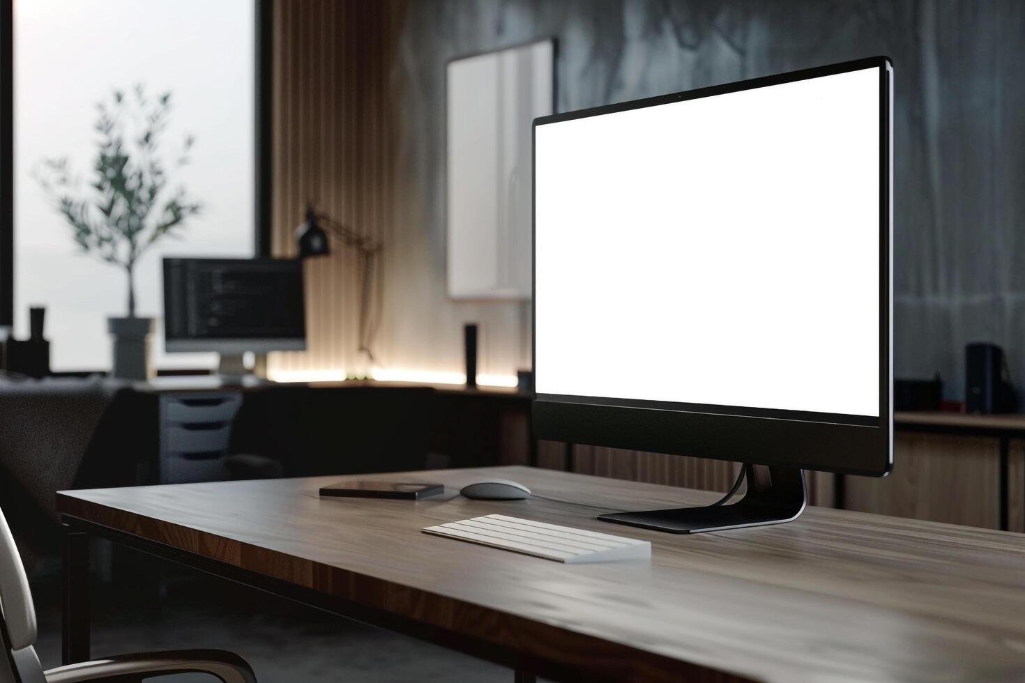 Overhead   of a Computer Mockup on a Desk with Work Tools Background photo