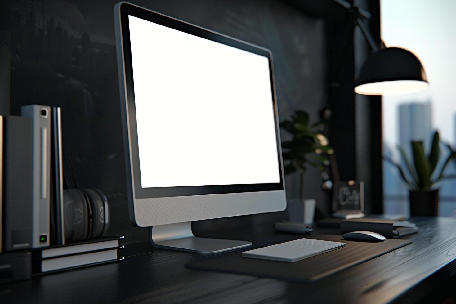 Overhead   of a Computer Mockup on a Desk with Workspace Items Background photo