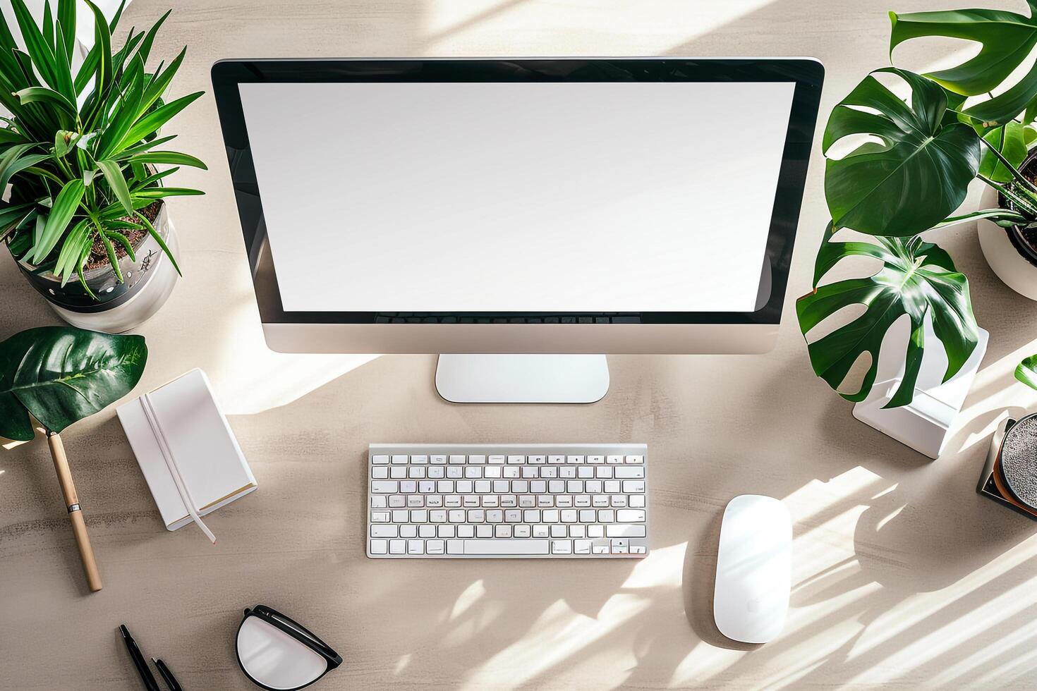 Overhead   of a Computer Mockup on a Desk with Accessories Background photo