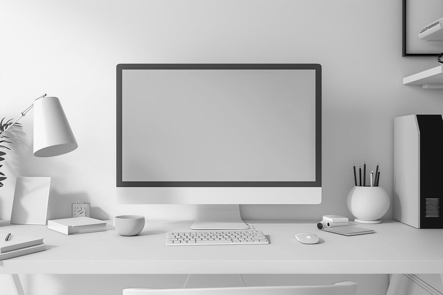 Overhead   of a Computer Mockup on a Desk with Desktop Setup Background photo