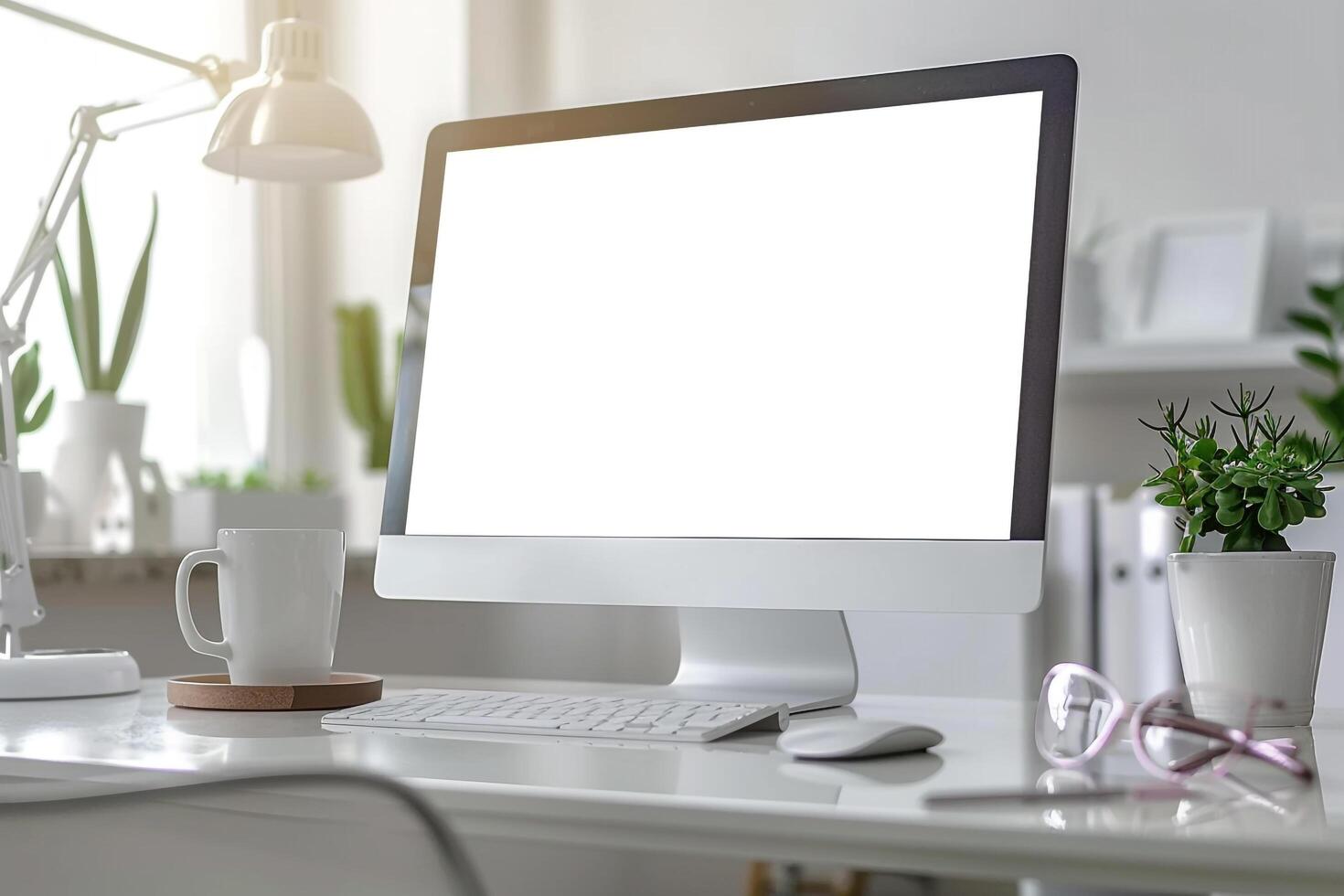 Computer Mockup on a White Desk with Tech Gadgets Around Background photo
