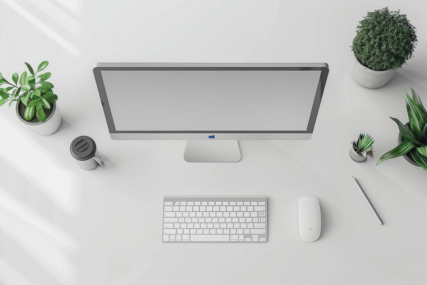 Overhead   of a Computer Mockup on a Desk with Desktop Setup Background photo