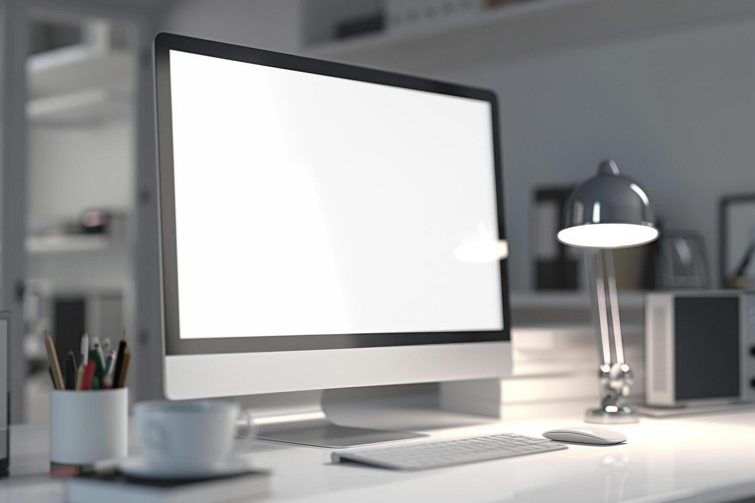 Computer Mockup on a White Desk with Tech Gadgets Around Background photo
