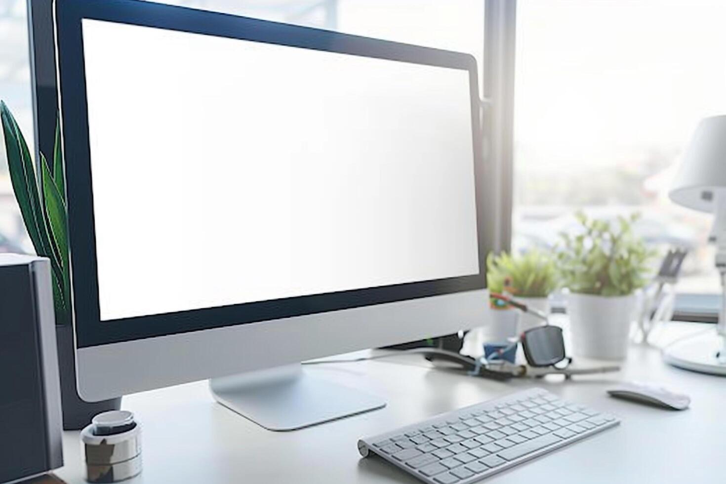 Computer Mockup on a White Desk with Tech Gadgets Around Background photo