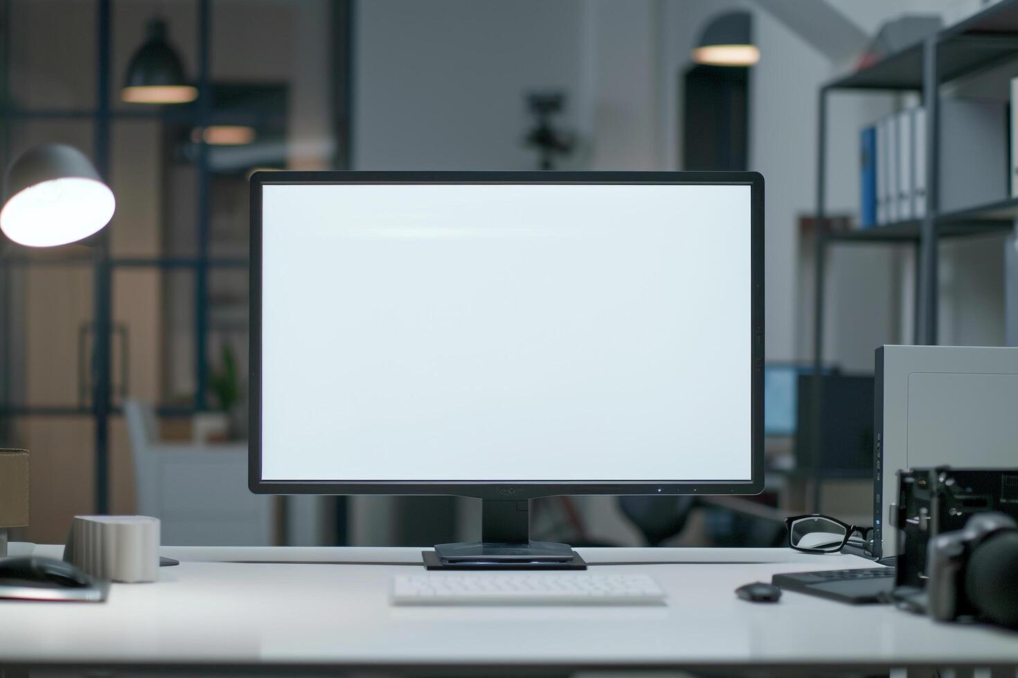 Computer Mockup on a White Desk with Tech Gadgets Around Background photo