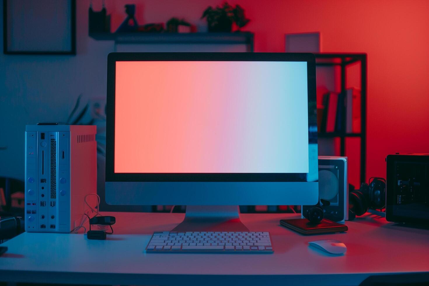 Computer Mockup on a White Desk with Tech Gadgets Around Background photo