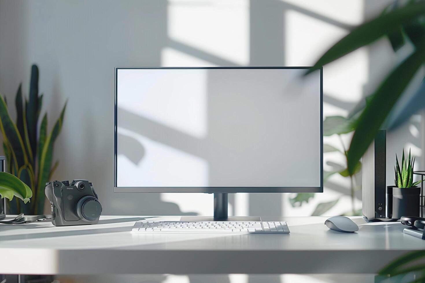 Computer Mockup on a White Desk with Tech Gadgets Around Background photo