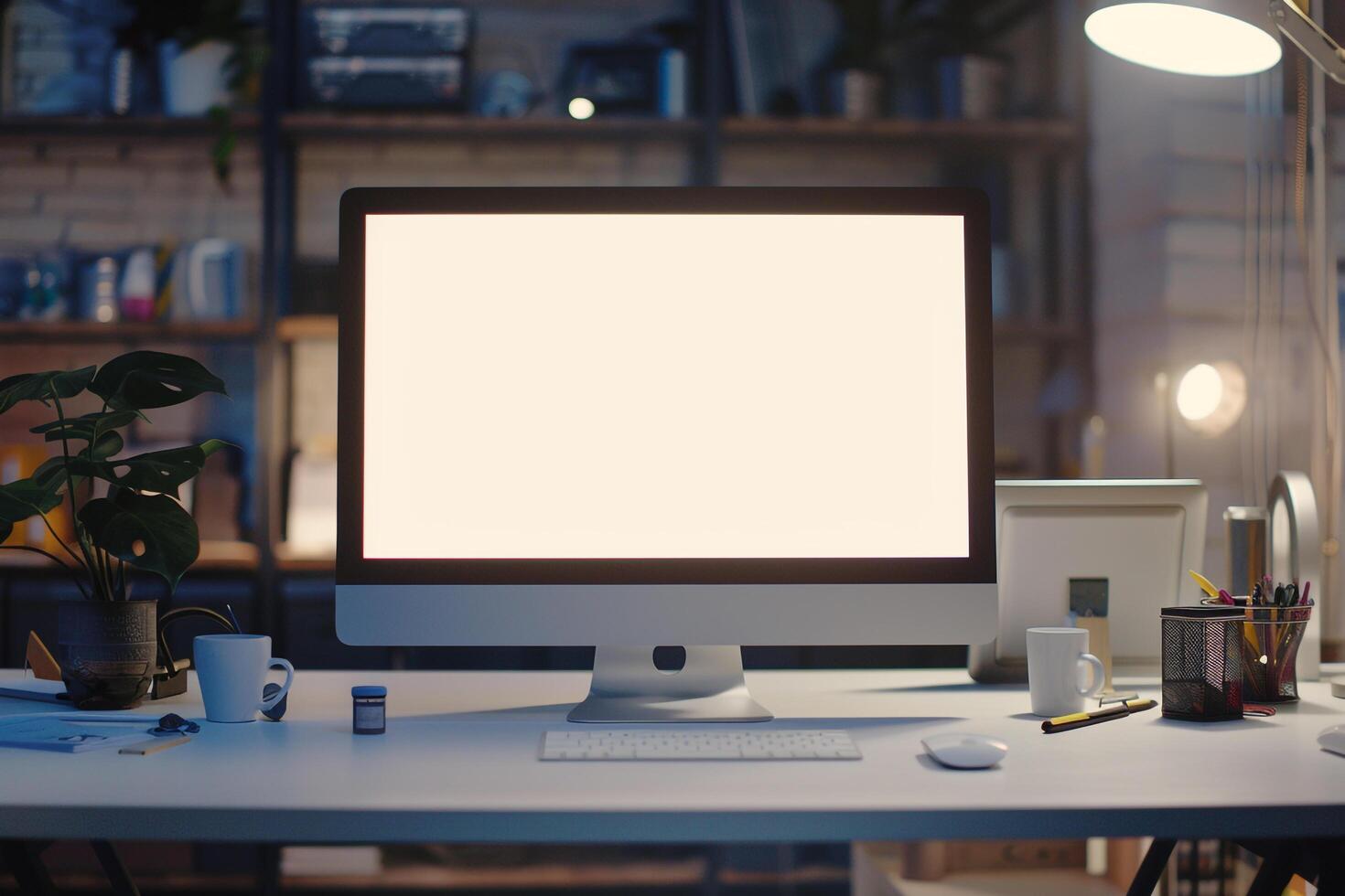 Computer Mockup on a White Desk with Tech Gadgets Around Background photo
