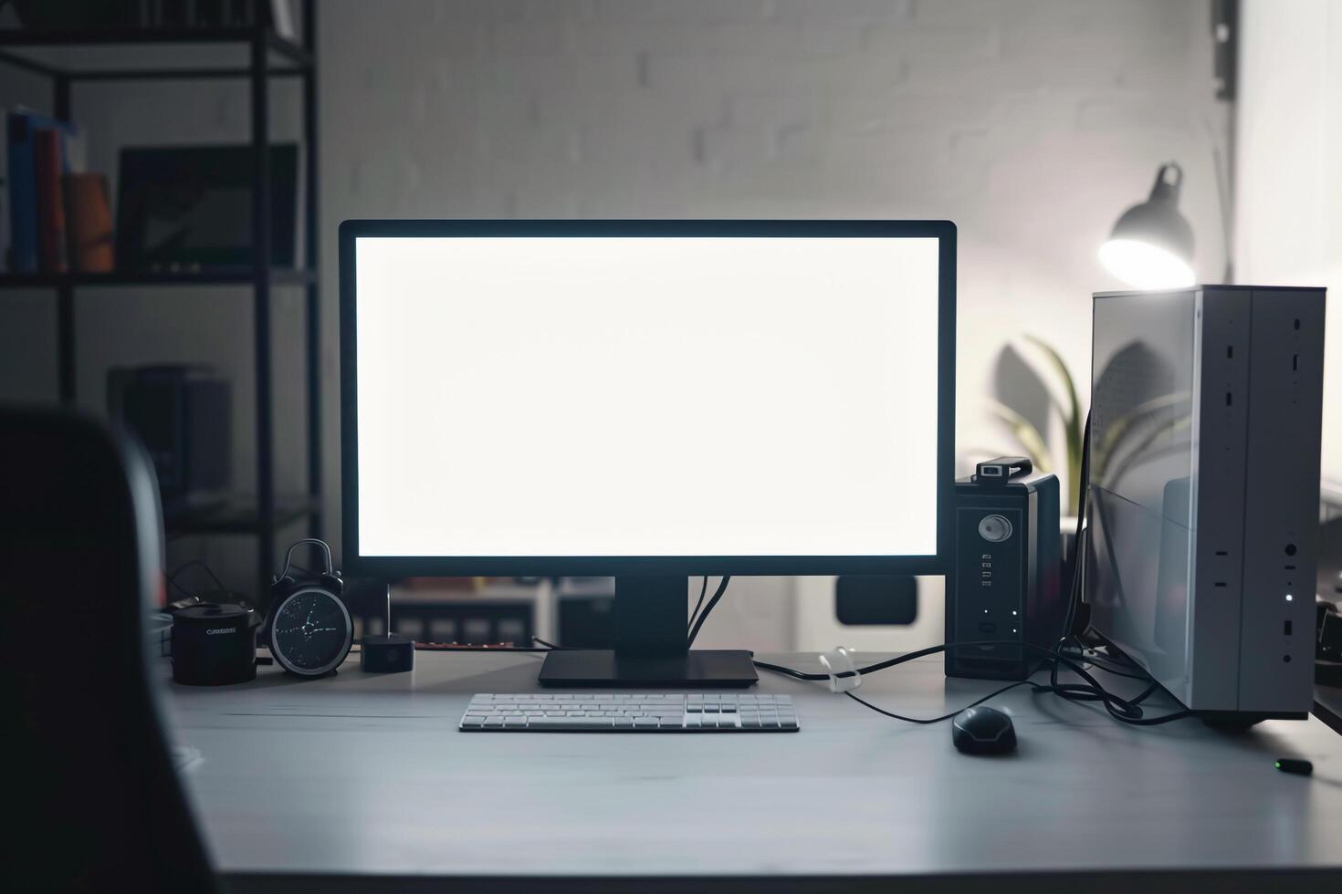 Computer Mockup on a White Desk with Tech Gadgets Around Background photo