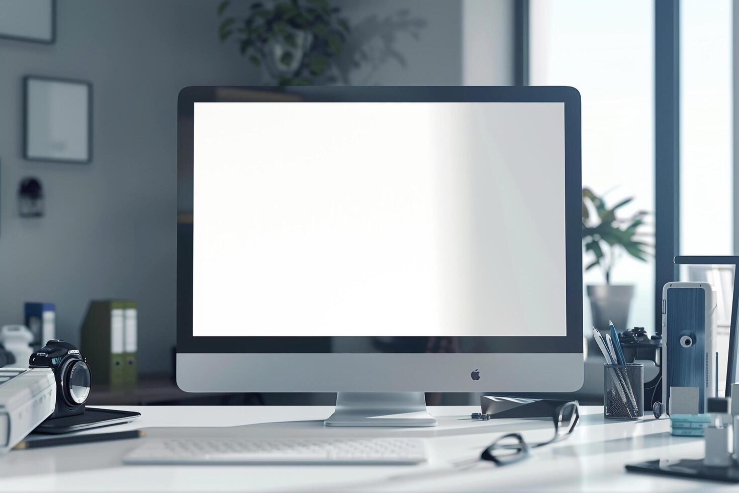 Computer Mockup on a White Desk with Tech Gadgets Around Background photo