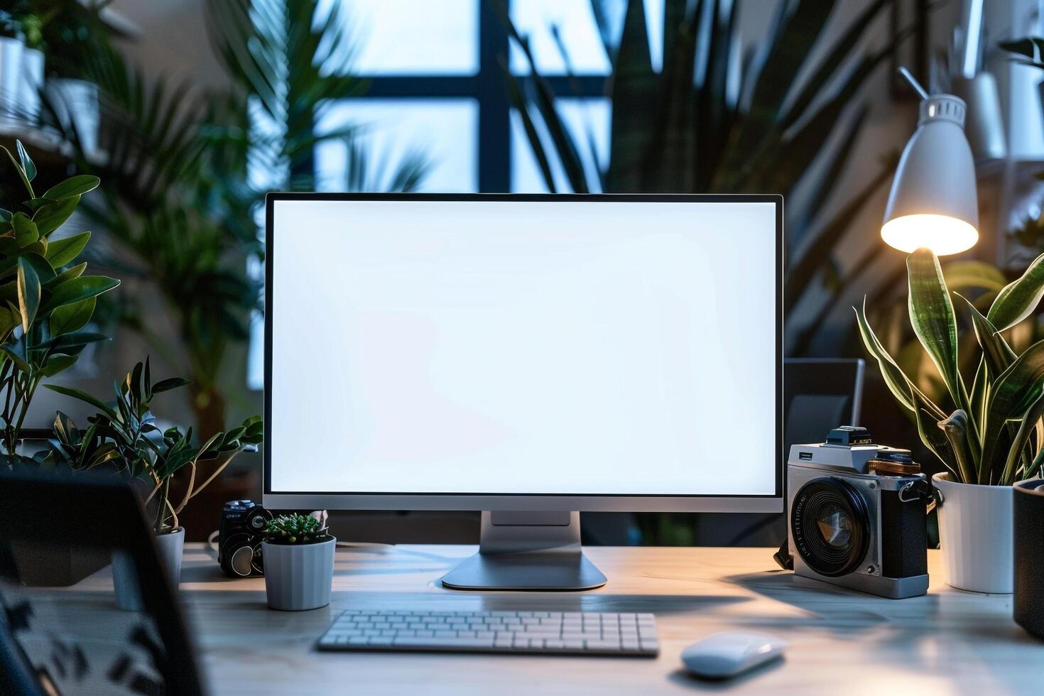 Computer Mockup on a White Desk with Tech Gadgets Around Background photo