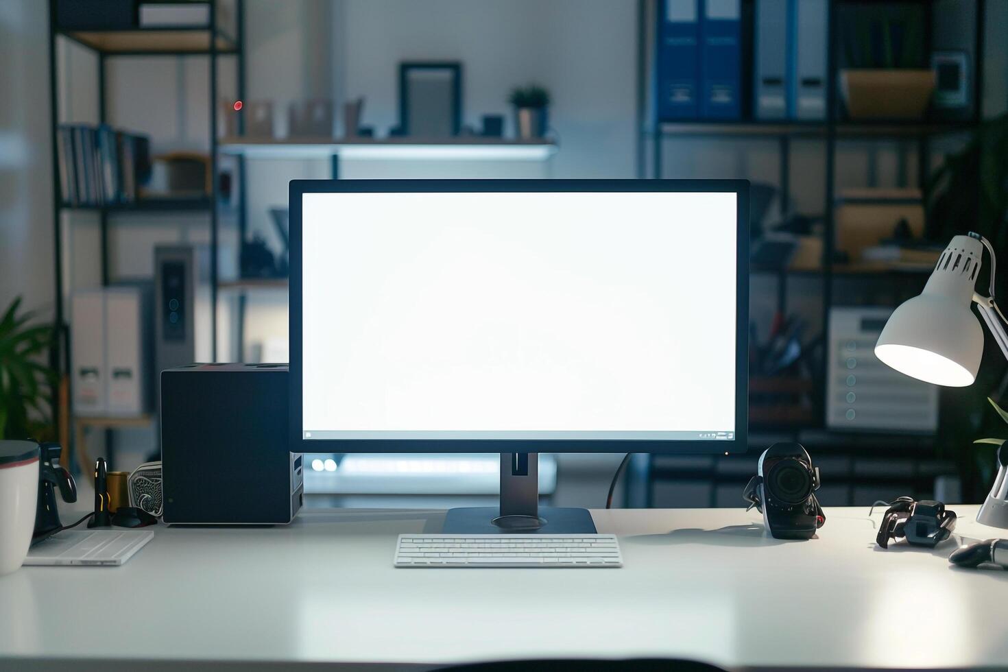 Computer Mockup on a White Desk with Tech Gadgets Around Background photo