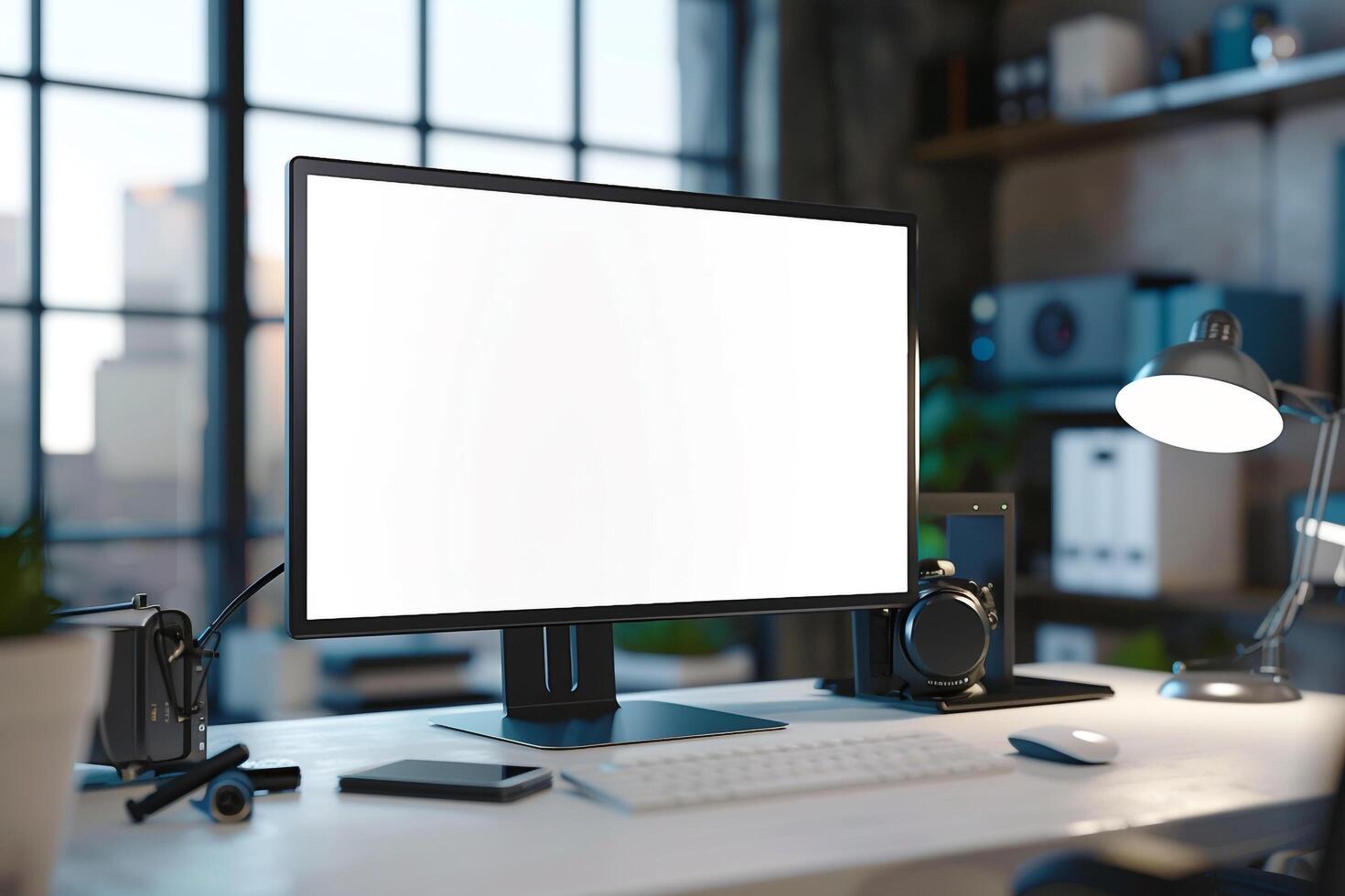 Computer Mockup on a White Desk with Tech Gadgets Around Background photo