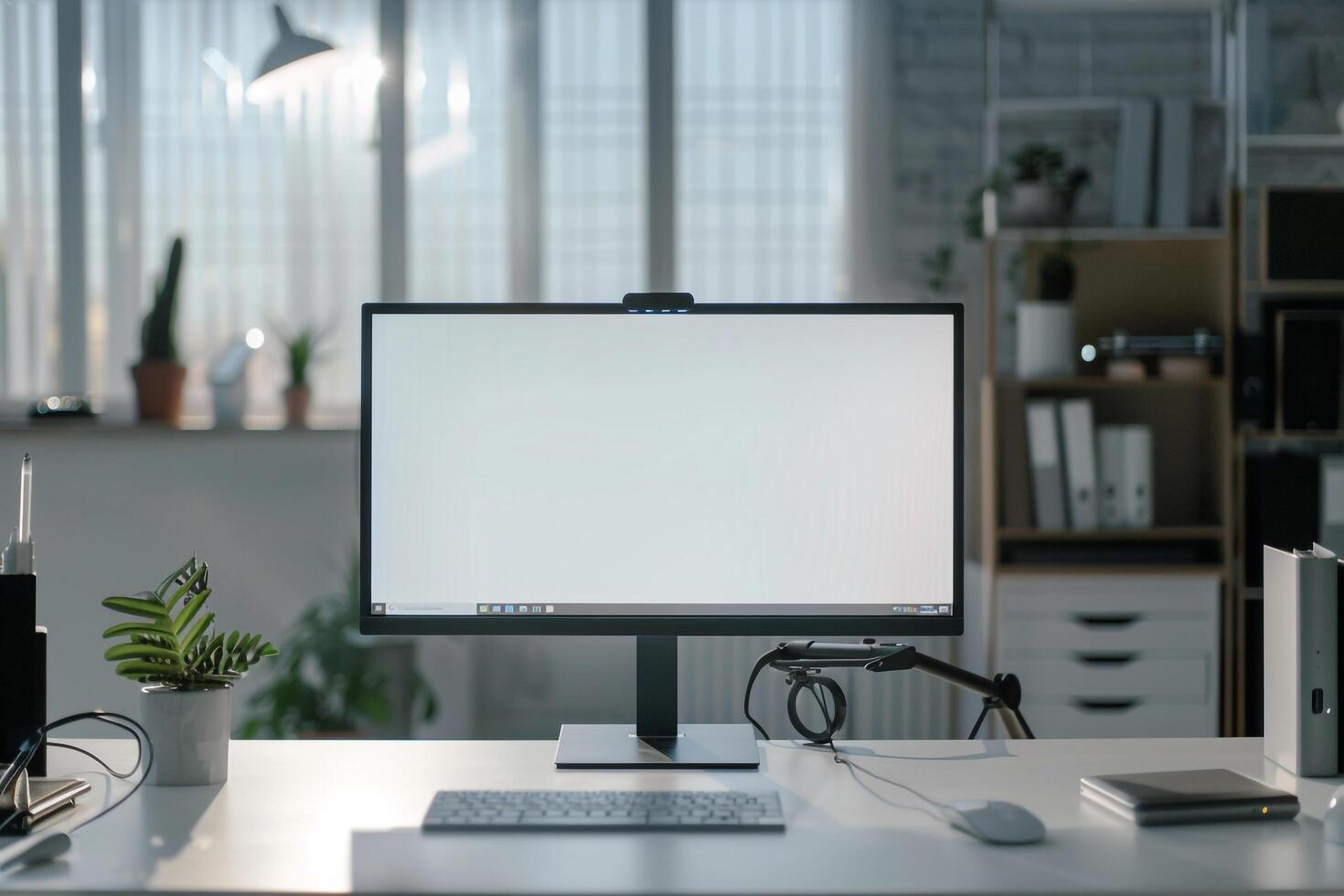 Computer Mockup on a White Desk Surrounded by Various Tech Gadgets photo