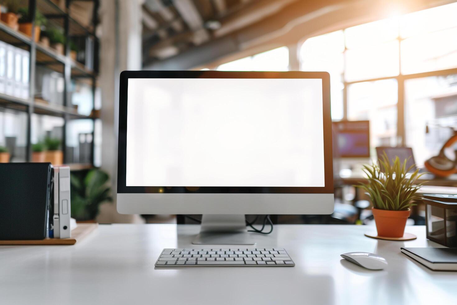 Computer Mockup on a White Desk Surrounded by Various Tech Gadgets photo
