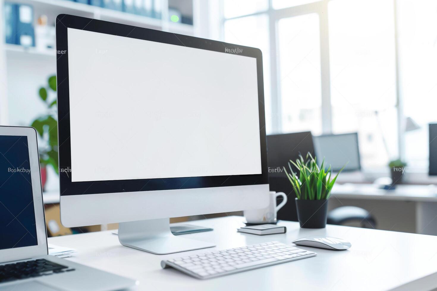 Computer Mockup on a White Desk with Tech Gadgets and Equipment photo