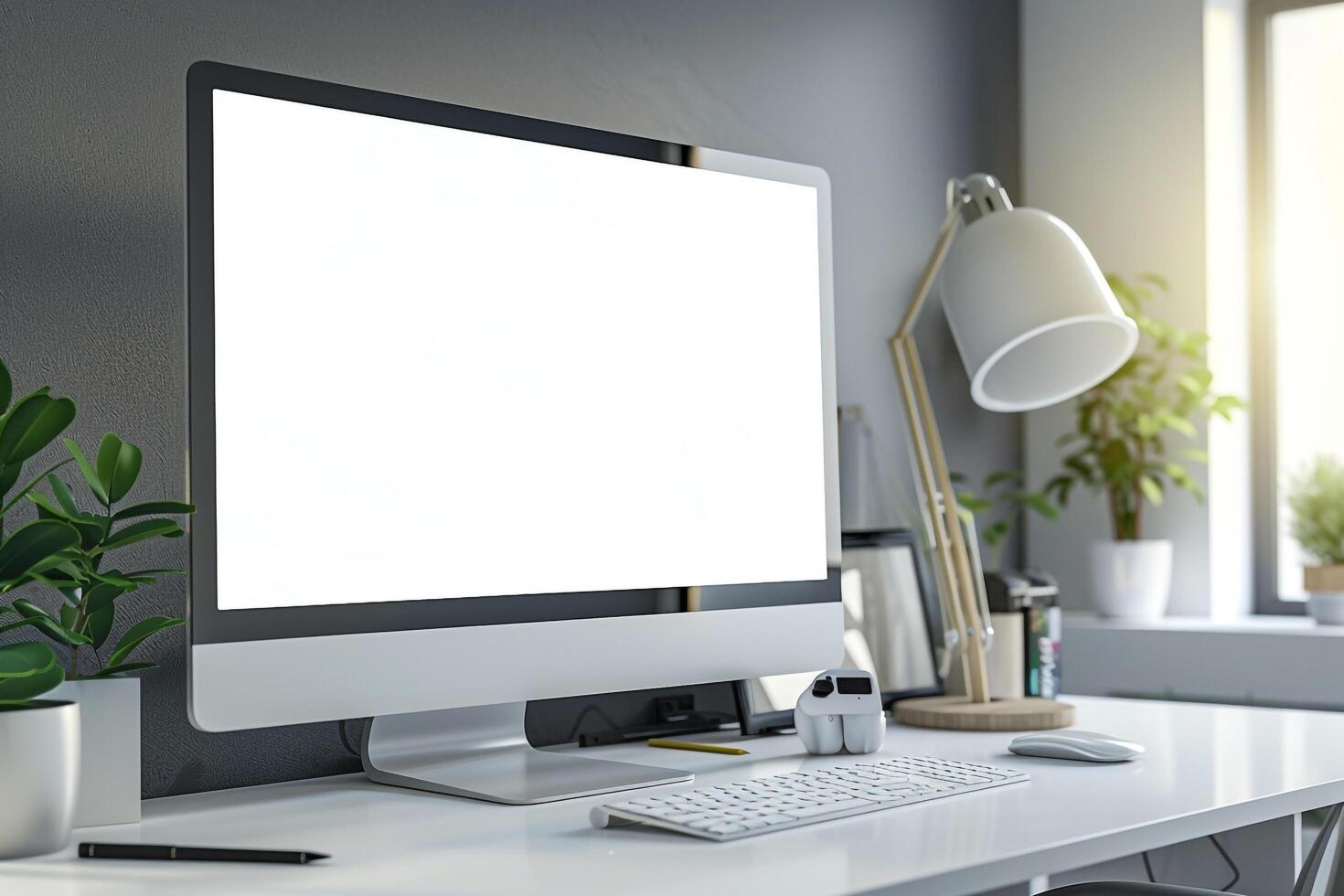 Computer Mockup on a White Desk Surrounded by Various Tech Gadgets photo
