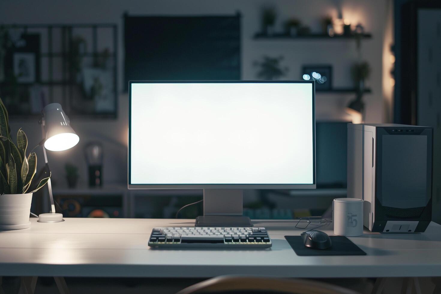 Computer Mockup on a White Desk with Tech Gadgets and Equipment photo