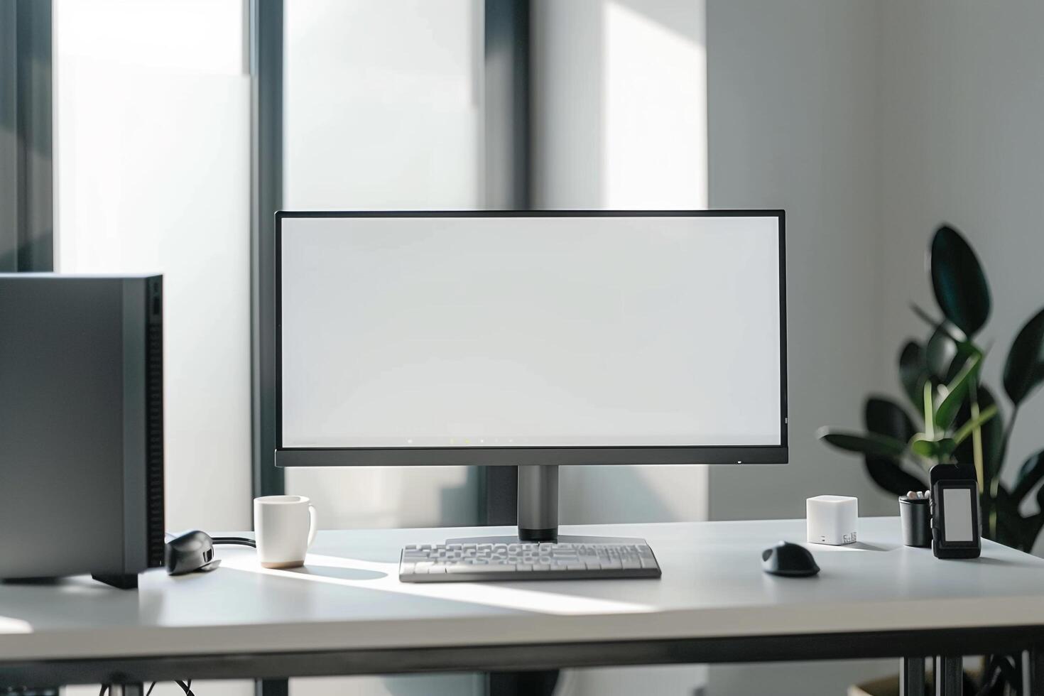 Computer Mockup on a White Desk with Tech Gadgets and Equipment photo