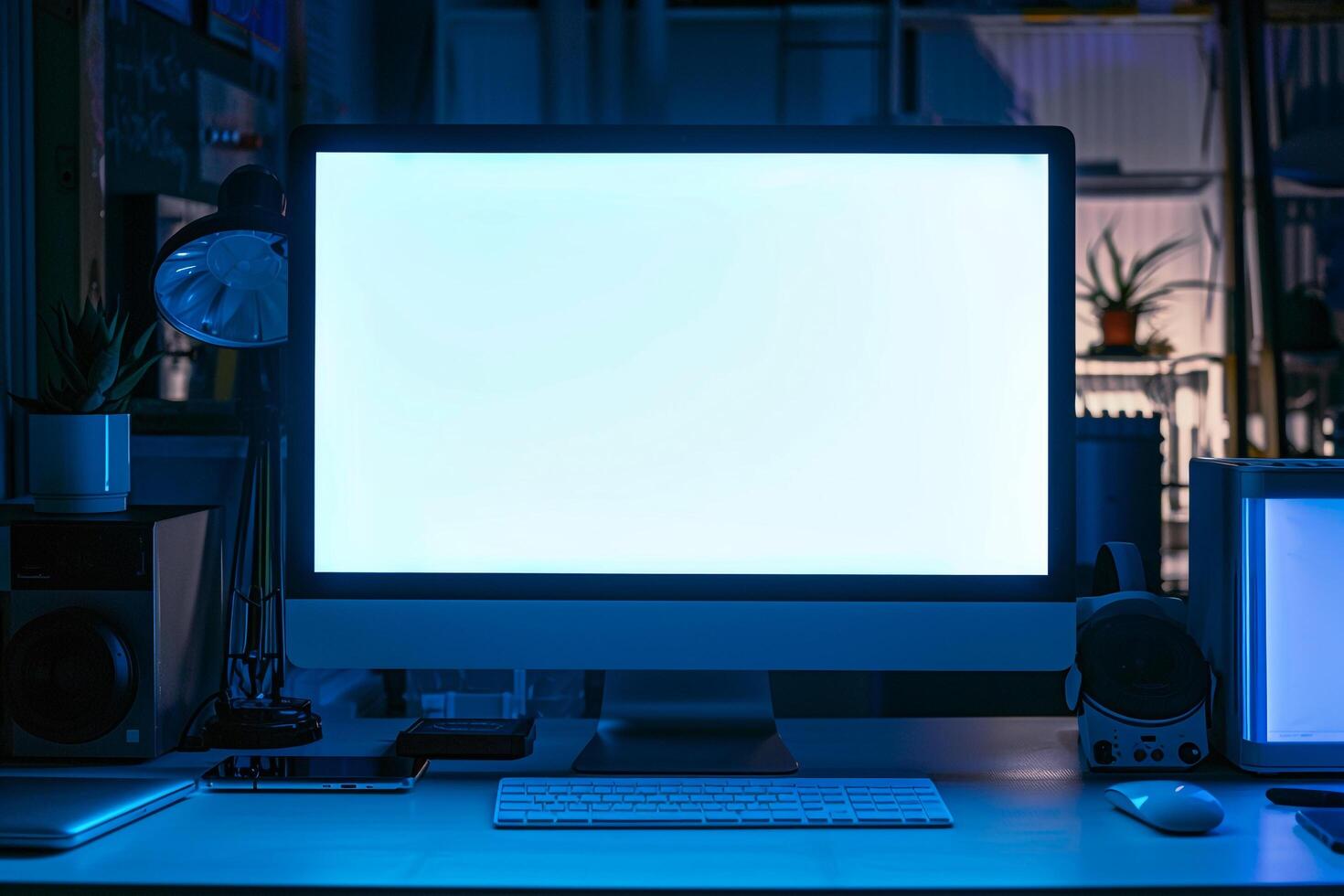 Computer Mockup on a White Desk Surrounded by Various Tech Gadgets photo