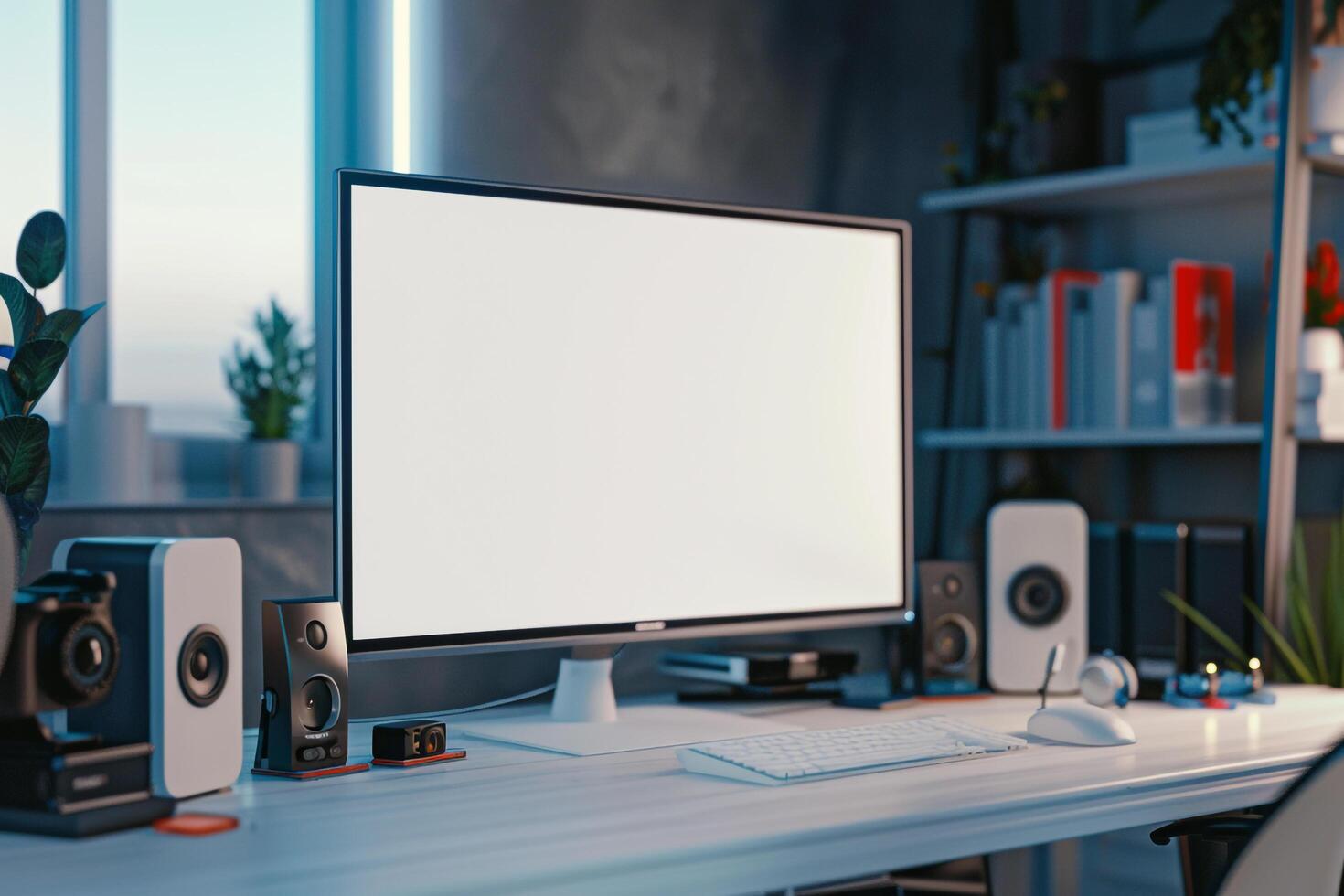 Computer Mockup on a White Desk with Tech Gadgets Around Background photo