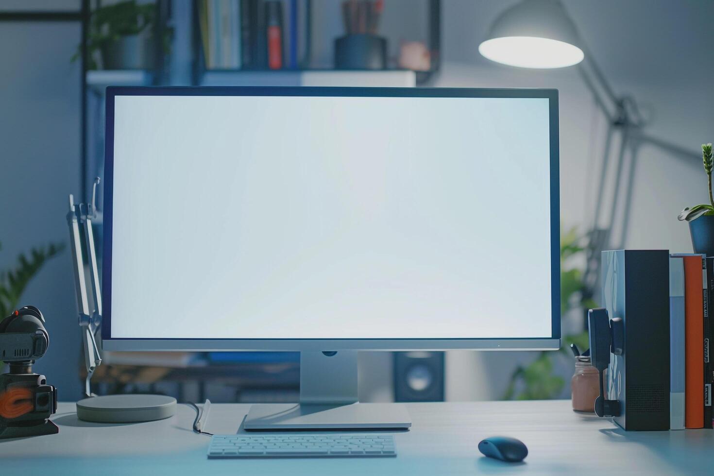 Computer Mockup on a White Desk with Tech Gadgets and Electronic Components photo