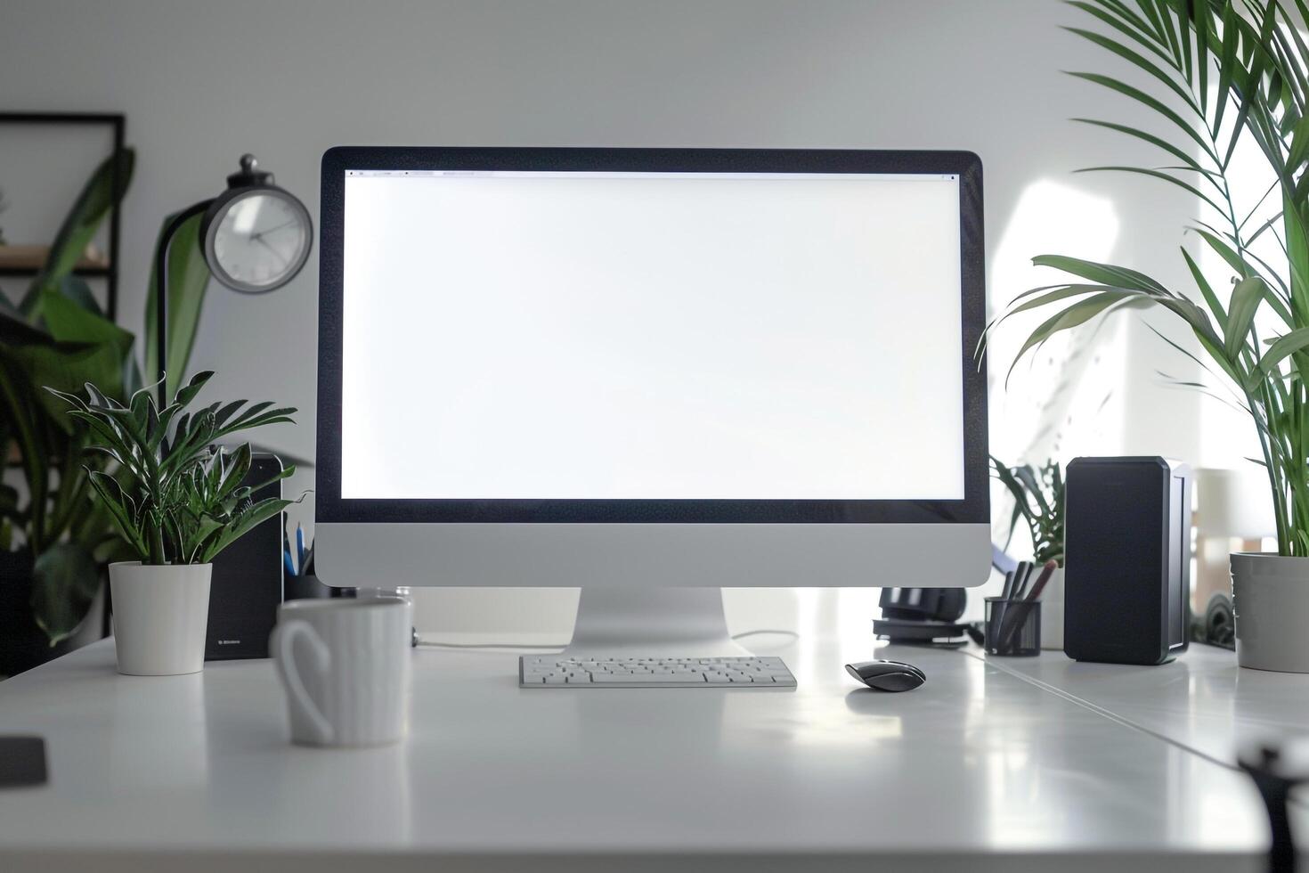 Computer Mockup on a White Desk with Tech Gadgets and Various Electronic Components photo