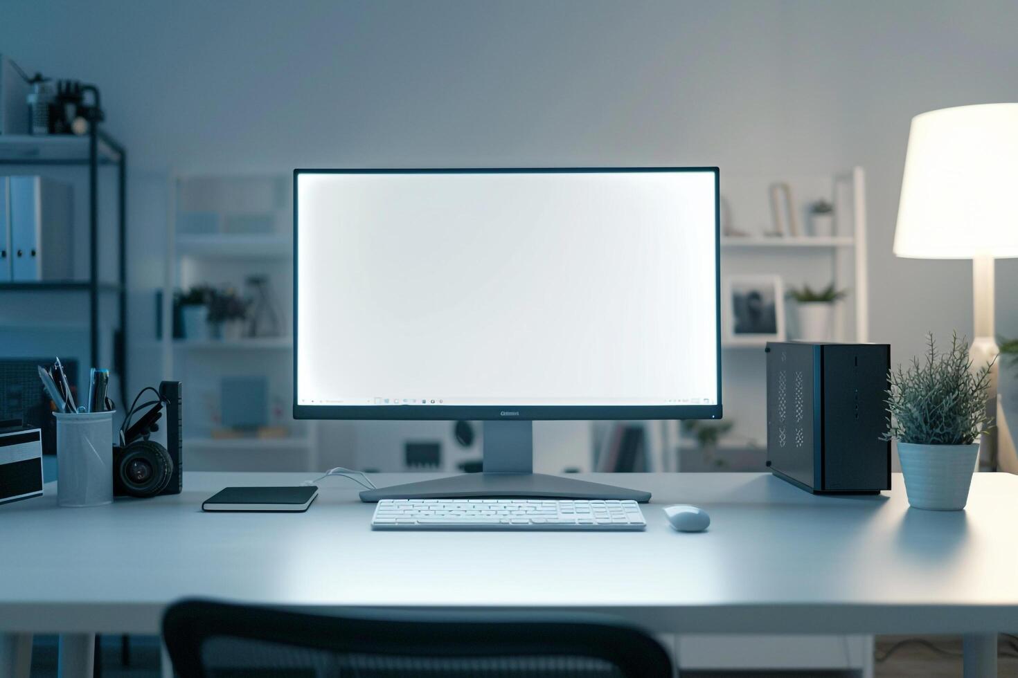 Computer Mockup on a White Desk with Tech Gadgets and Electronic Components photo