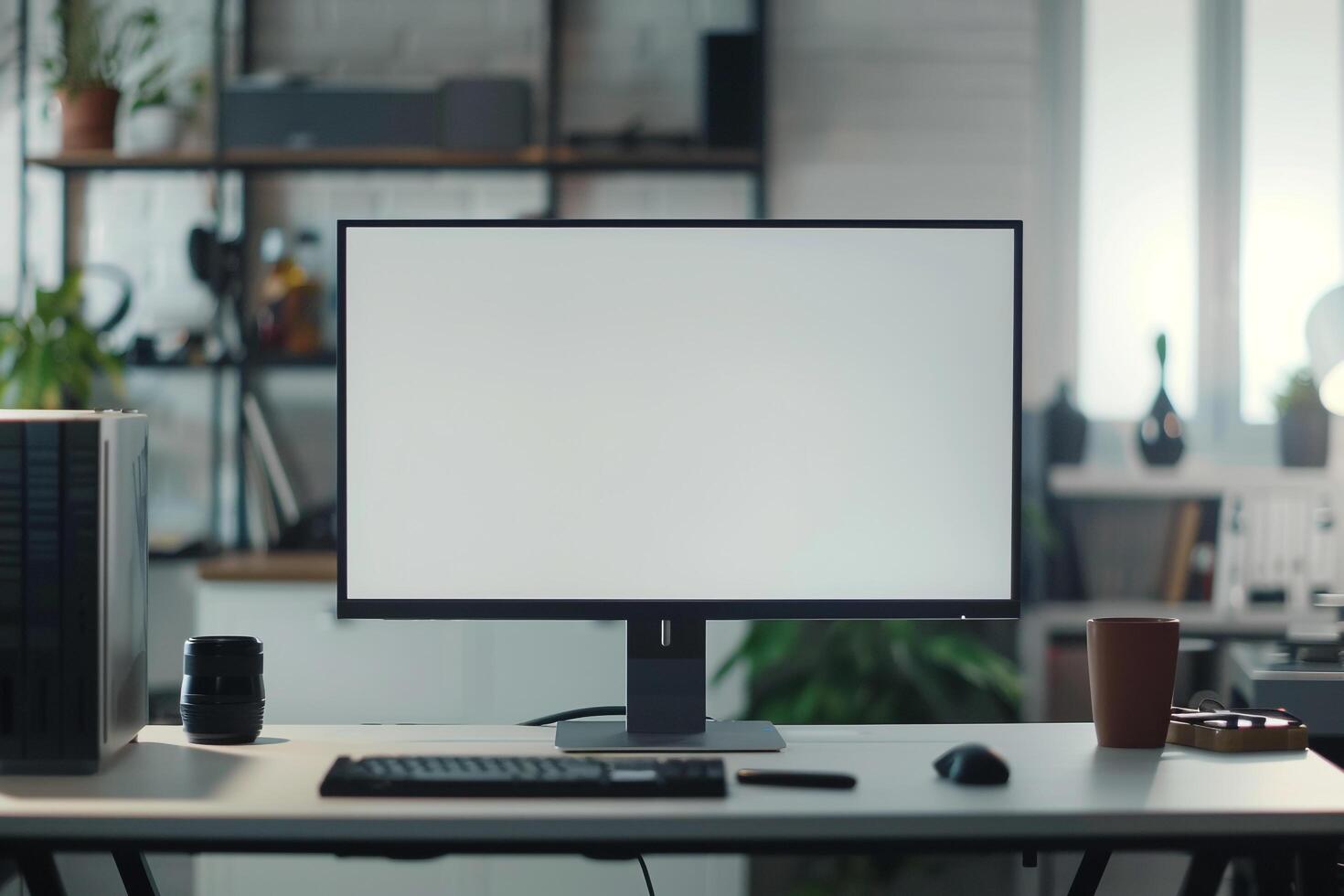 Computer Mockup on a White Desk with Various Tech Gadgets and Accessories photo