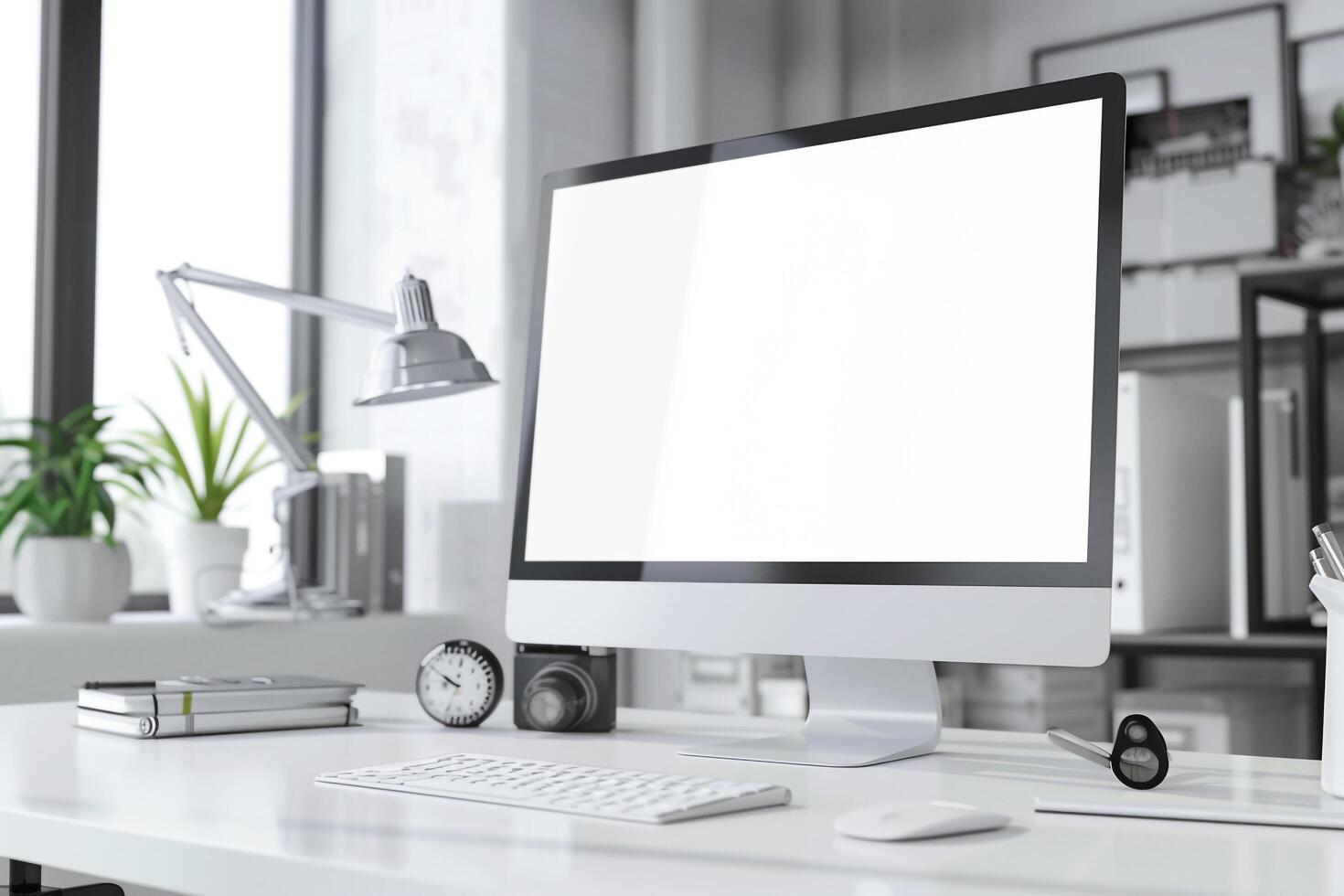 Computer Mockup on a White Desk with Tech Gadgets and Various Electronic Components photo