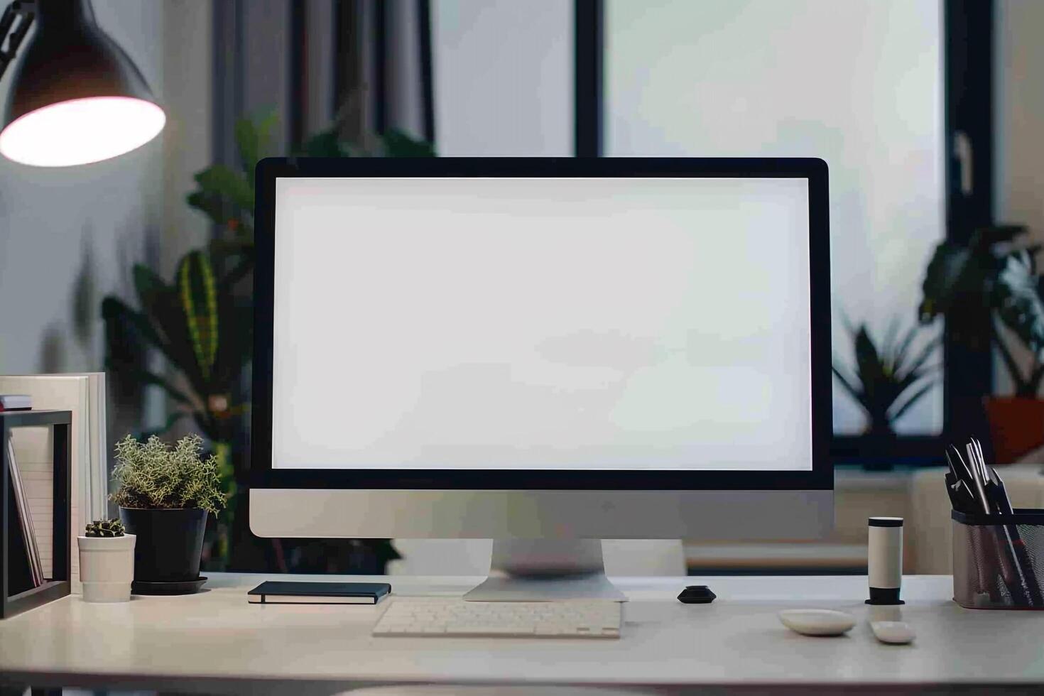 Computer Mockup on a White Desk with Tech Gadgets and Various Electronic Components photo
