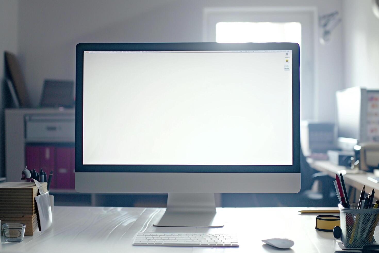 Computer Mockup on a White Desk with Tech Gadgets and Various Electronic Components photo