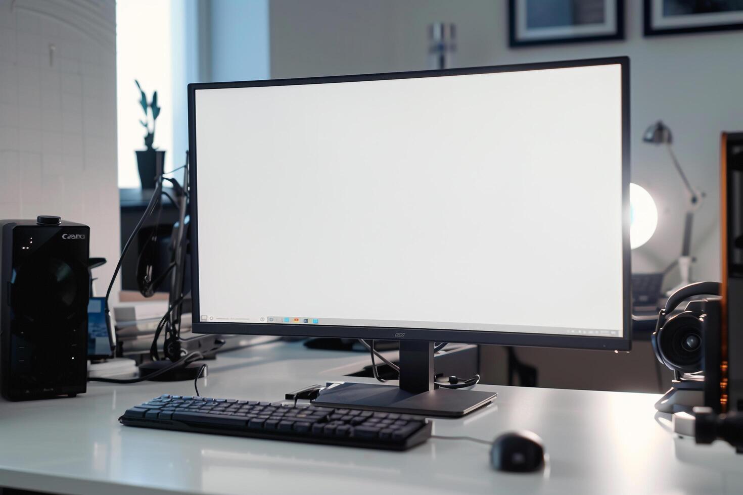 White Desk with Computer Monitor Mockup Surrounded by Tech Gadgets and Accessories photo