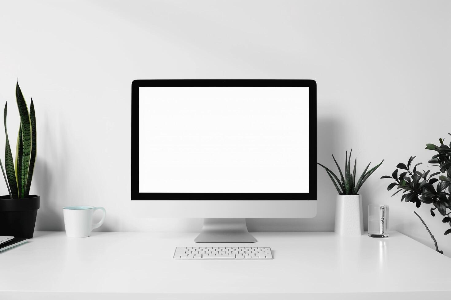 Professional Computer Monitor Mockup with Blank Screen on a White Desk photo