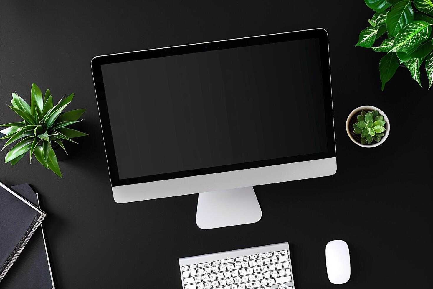 Computer Monitor Mockup with Blank Screen on White Desk photo