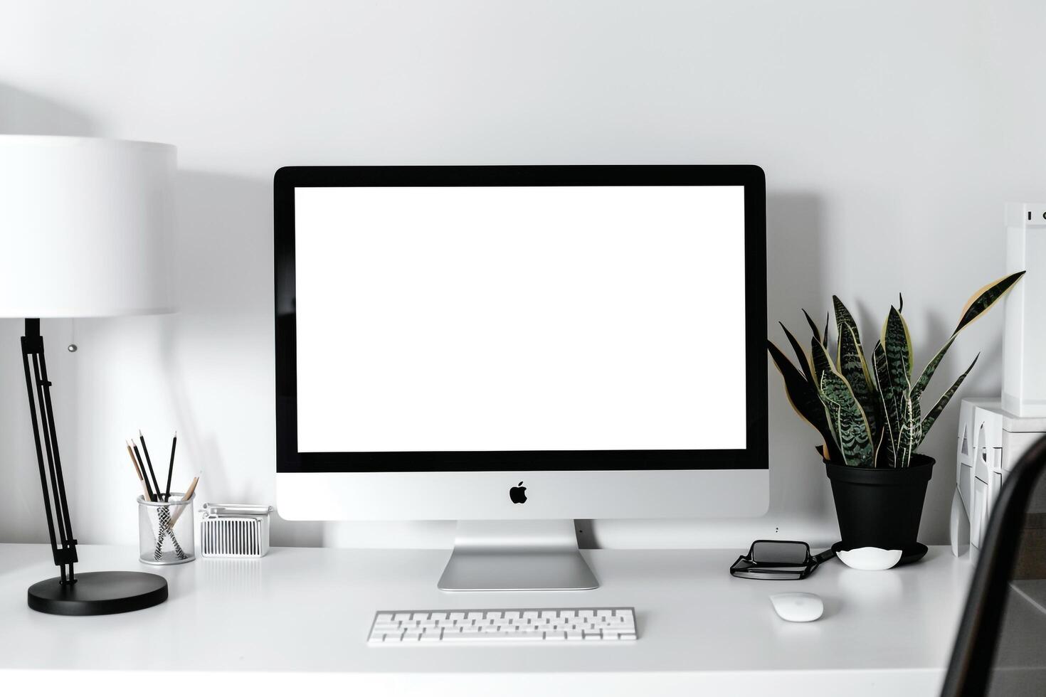 Computer Monitor Mockup with Blank Screen on White Desk for Tech Presentations photo