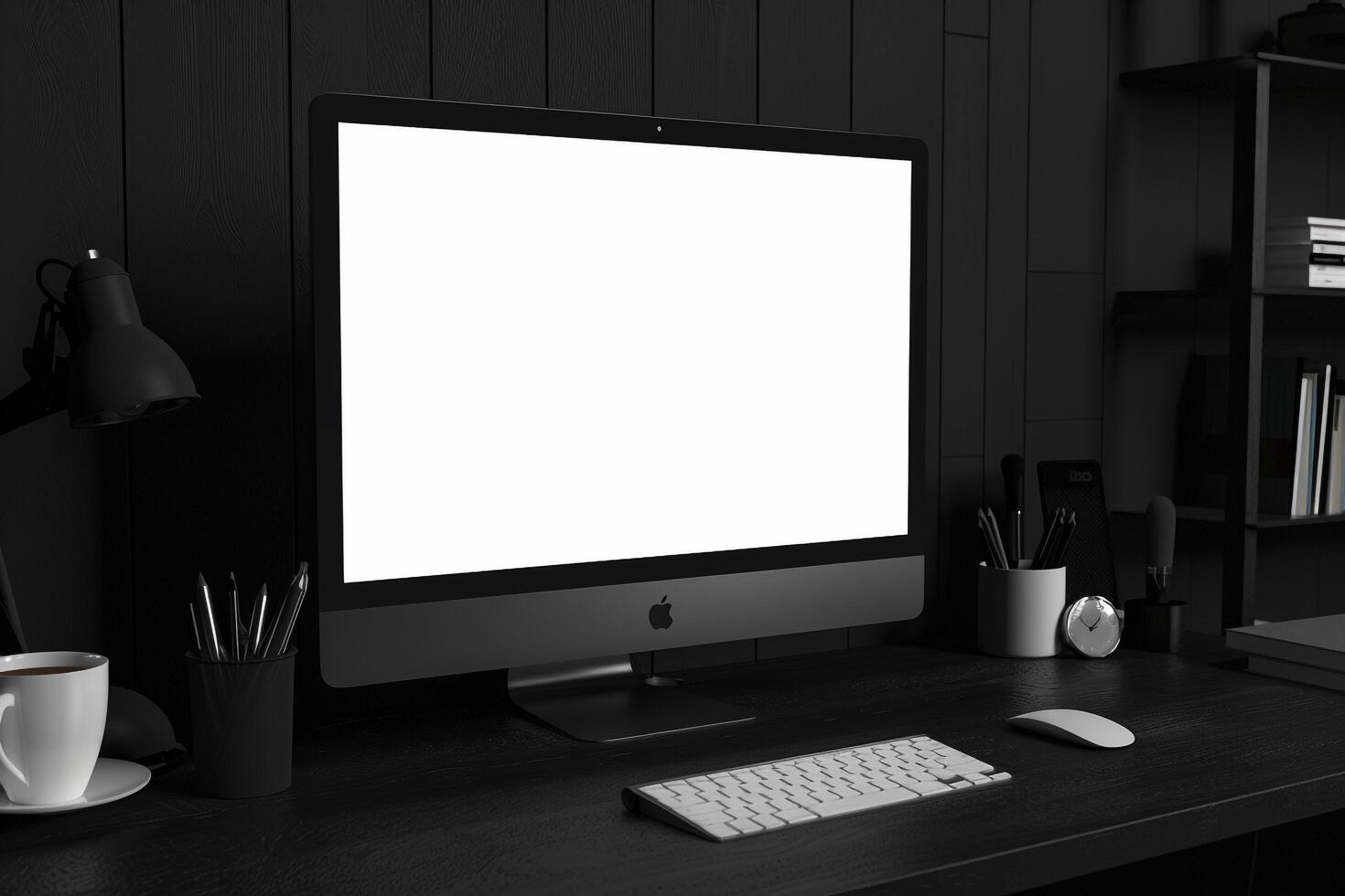 Blank Computer Monitor Mockup on White Desk with Tech Accessories for Professionals photo